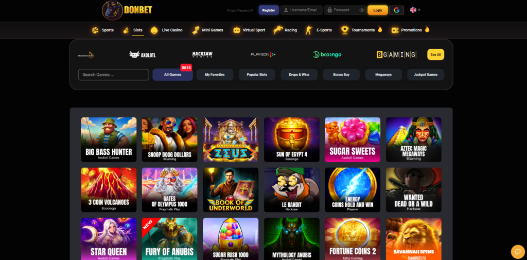 DonBet casino and sportsbook interface — a hybrid non GamStop operator run by Santeda International under Curaçao licence OGL/2024/1798/1048