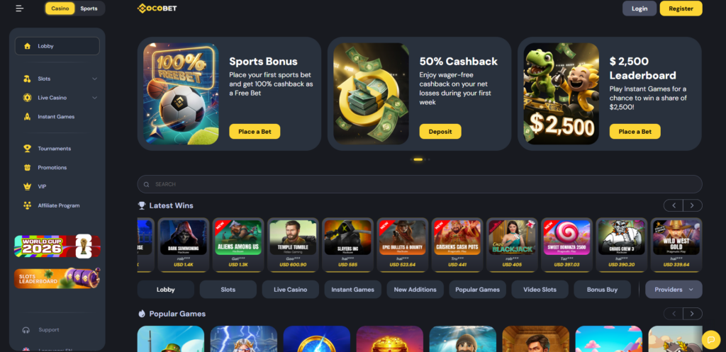CocoBet casino interface — a crypto-first non GamStop operator launched in 2024, licensed in Curaçao