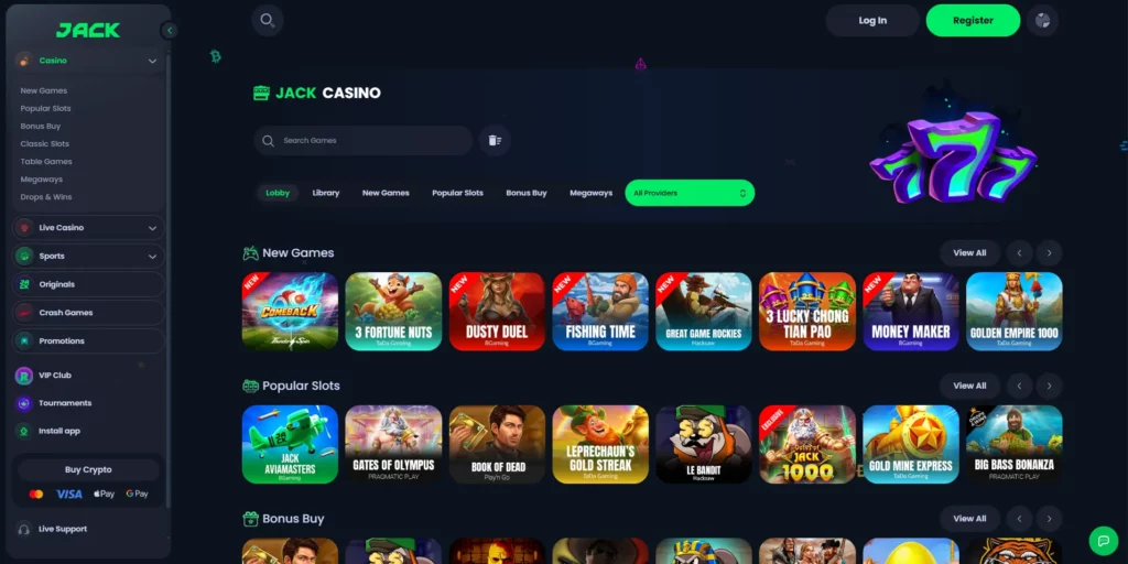 JACK casino homepage — a non GamStop crypto casino licensed in Curaçao under OGL/2024/1800/1049